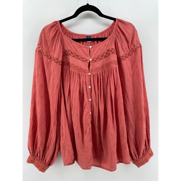 Old Navy Tops - Old Navy Blouse Women XXL Terracotta Boho Crochet Lace Embroidered Peasant Artsy